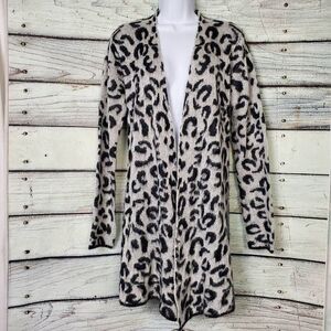 Harvé Benard Women’s Black White Leopard Print Long Cardigan Sweater Size Large